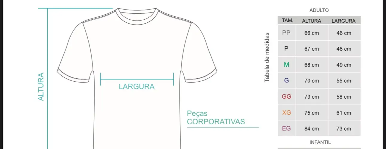 Tabela de medidas das camisetas: altura da gola à barra e largura de axila a axila, em centímetros